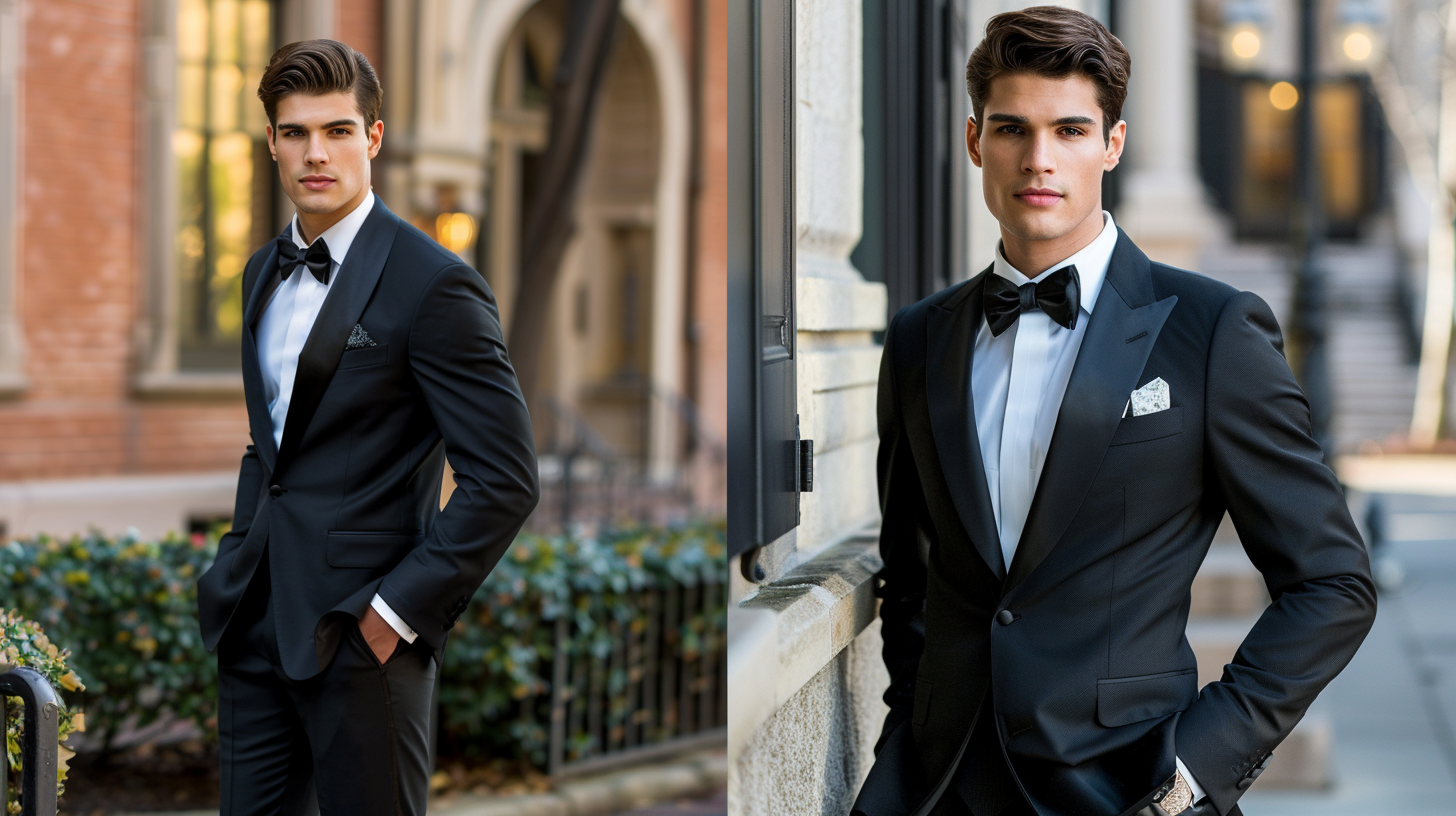 Side-by-side comparison of a man in a classic tuxedo and another in a modern suit. The tuxedo features satin lapels, bow tie, and formal trousers, styled for a black-tie event. The suit features a notch-lapel jacket, tie, and leather shoes, suited for business or semi-formal settings. Both men are posed confidently in a refined, elegant setting, showcasing the key visual differences.