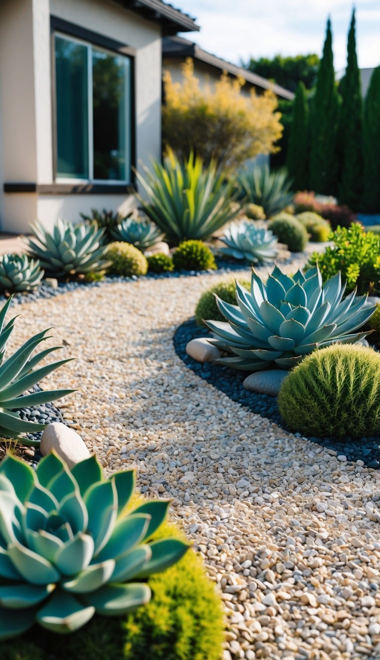 A front yard with succulents, gravel paths, and native plants arranged in a drought-tolerant landscape design