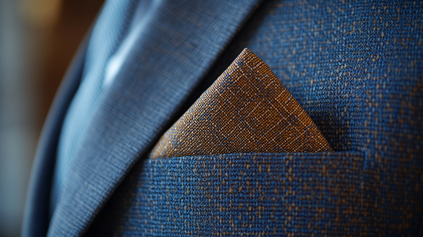 
A close-up of a pocket square folded neatly into the square fold, with edges just peeking out of the pocket. The fabric is smooth and crisp, with the pocket square folded into thirds both horizontally and vertically for a clean, formal look. Soft lighting highlights the precision of the fold, perfect for formal settings like weddings or business meetings, offering a simple yet sophisticated touch to the outfit