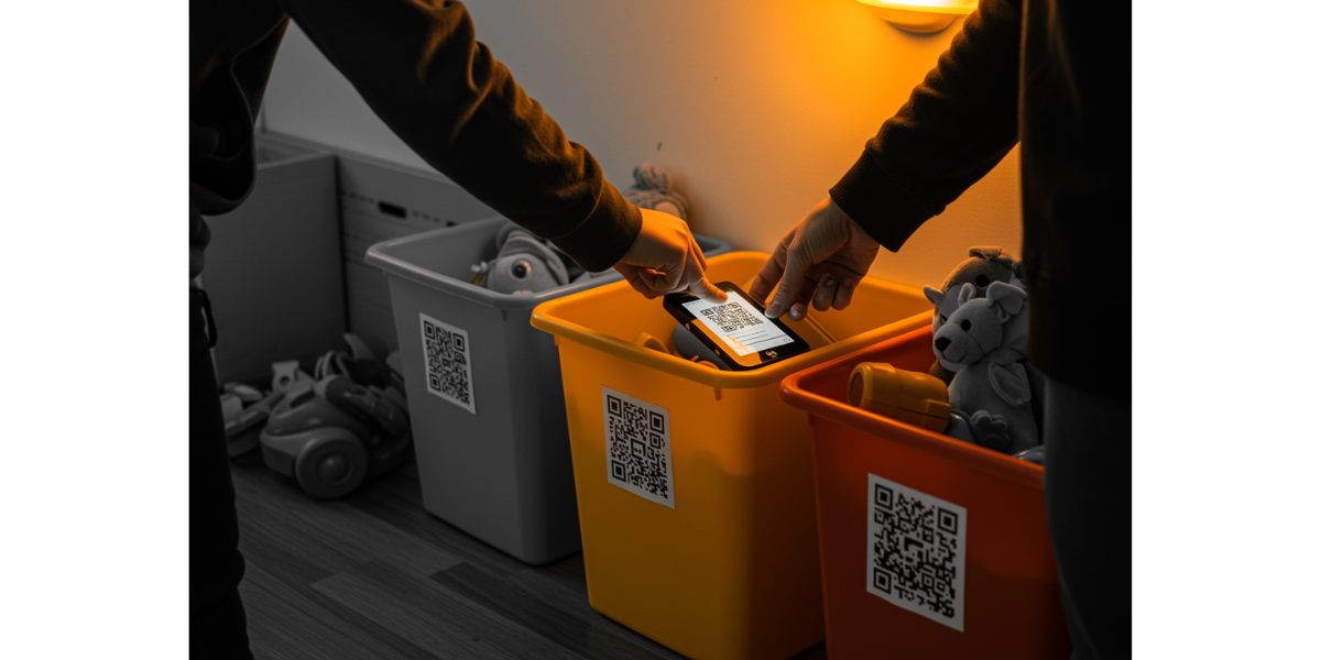 QR Code stickers on storage bins.