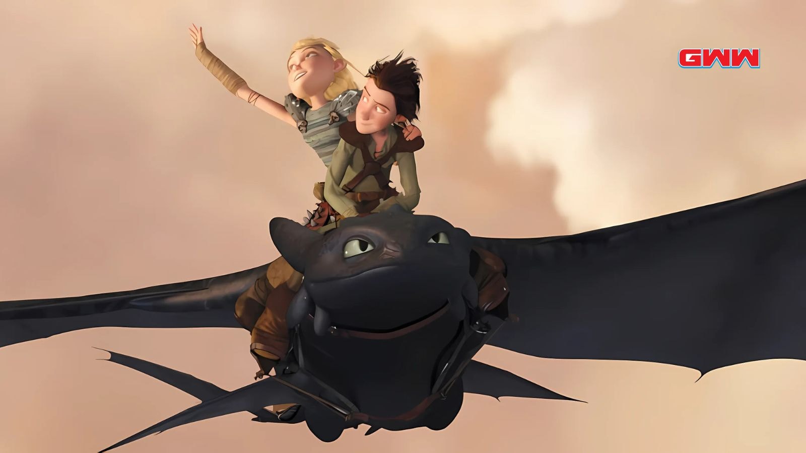 Hiccup and Astrid riding Toothless in How to Train Your Dragon Animated Movie