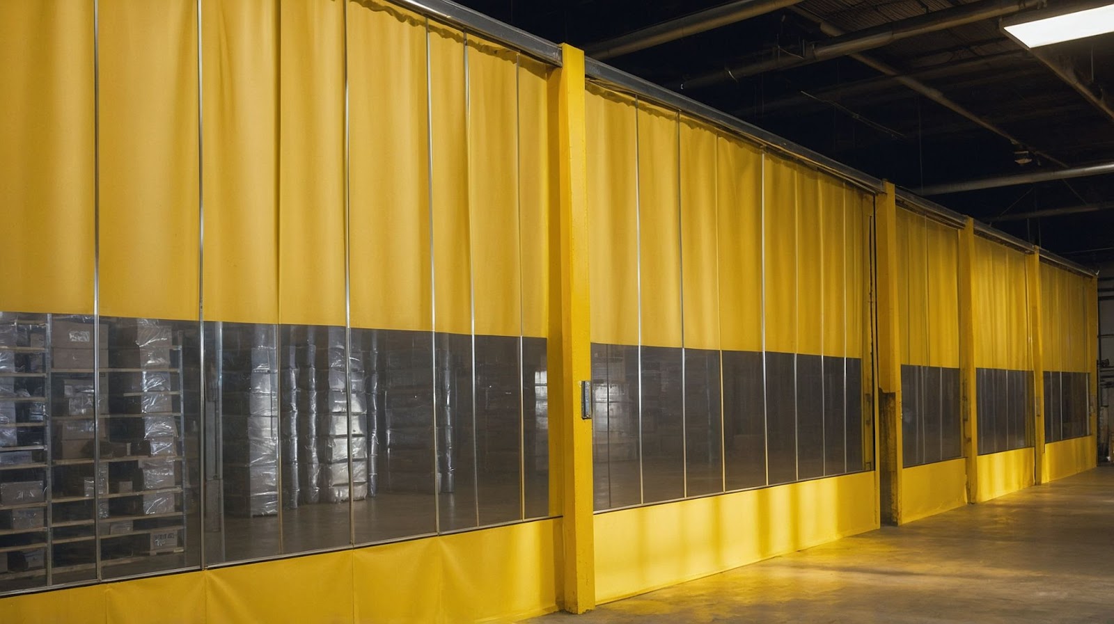 Armazém com divisórias industriais de vinil amarelo vibrante, equipadas com seções transparentes que permitem a separação de espaços sem comprometer a visibilidade.