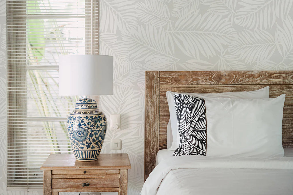 Heather Fern Wallpaper in master bedroom with bedside table and night lamp