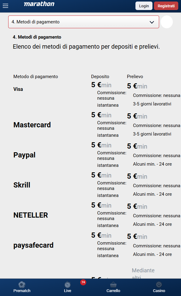 Depositi e prelievi su Marathonbet app