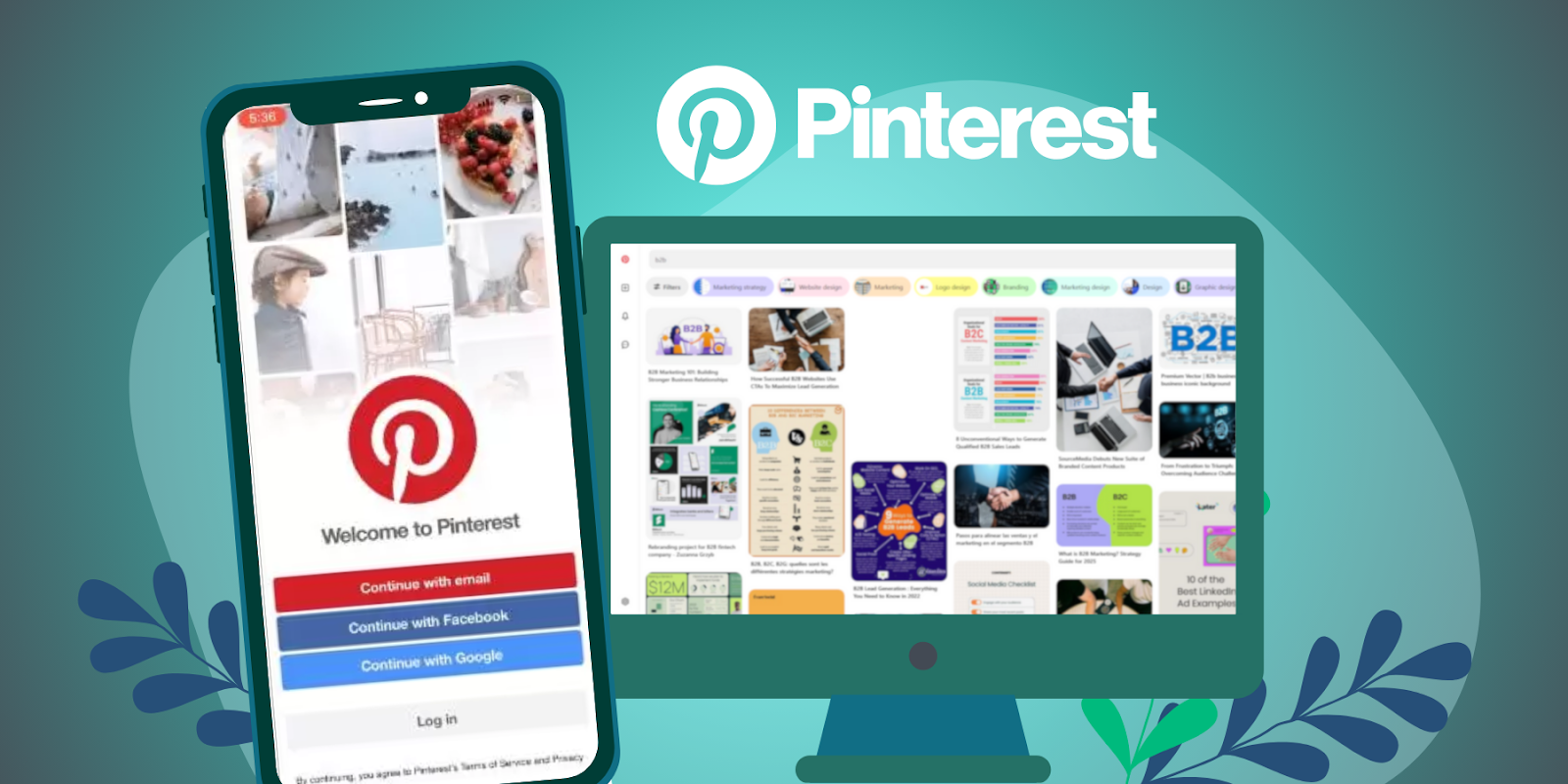 Pinterest interface on phone and desktop, displaying B2B content promotion on social media.