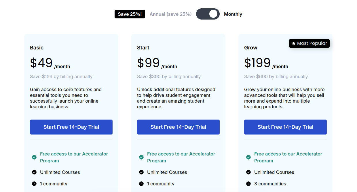 Thinkific pricing page