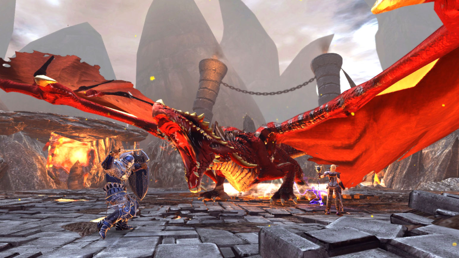 Screenshot depicting a dragon boss fight in Neverwinter gameplay