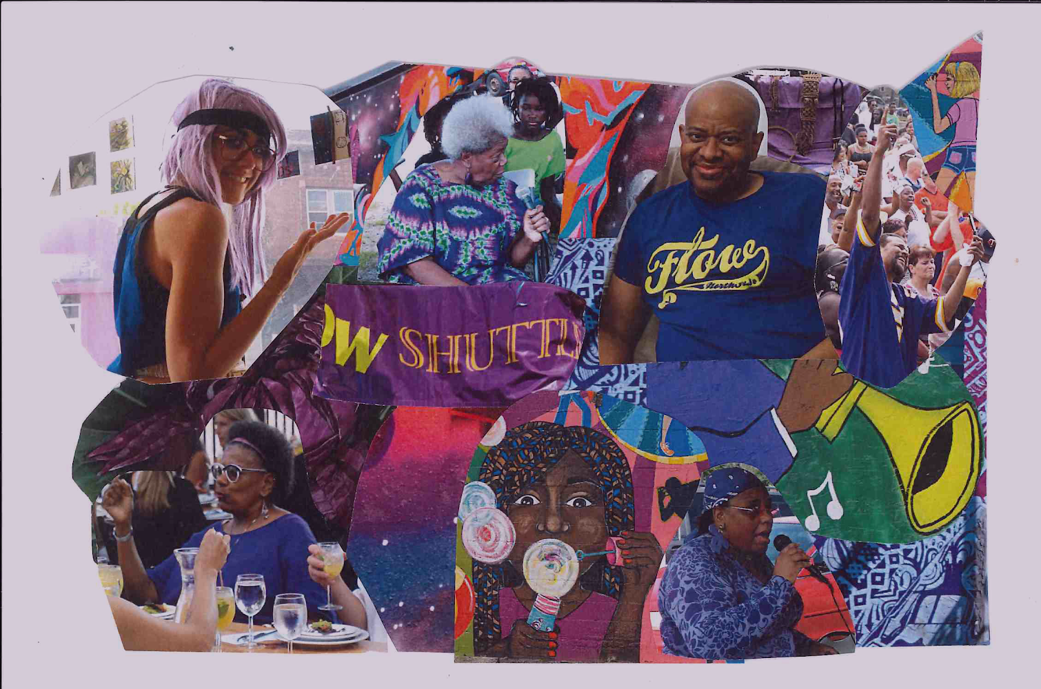 Image: FLOW Northside Arts Crawl collage, artist unknown. The colorful collage shows a variety of folks, depicted in photography and other art forms, doing things like singing, blowing bubbles, eating a shared meal, and smiling. Photo by the author.