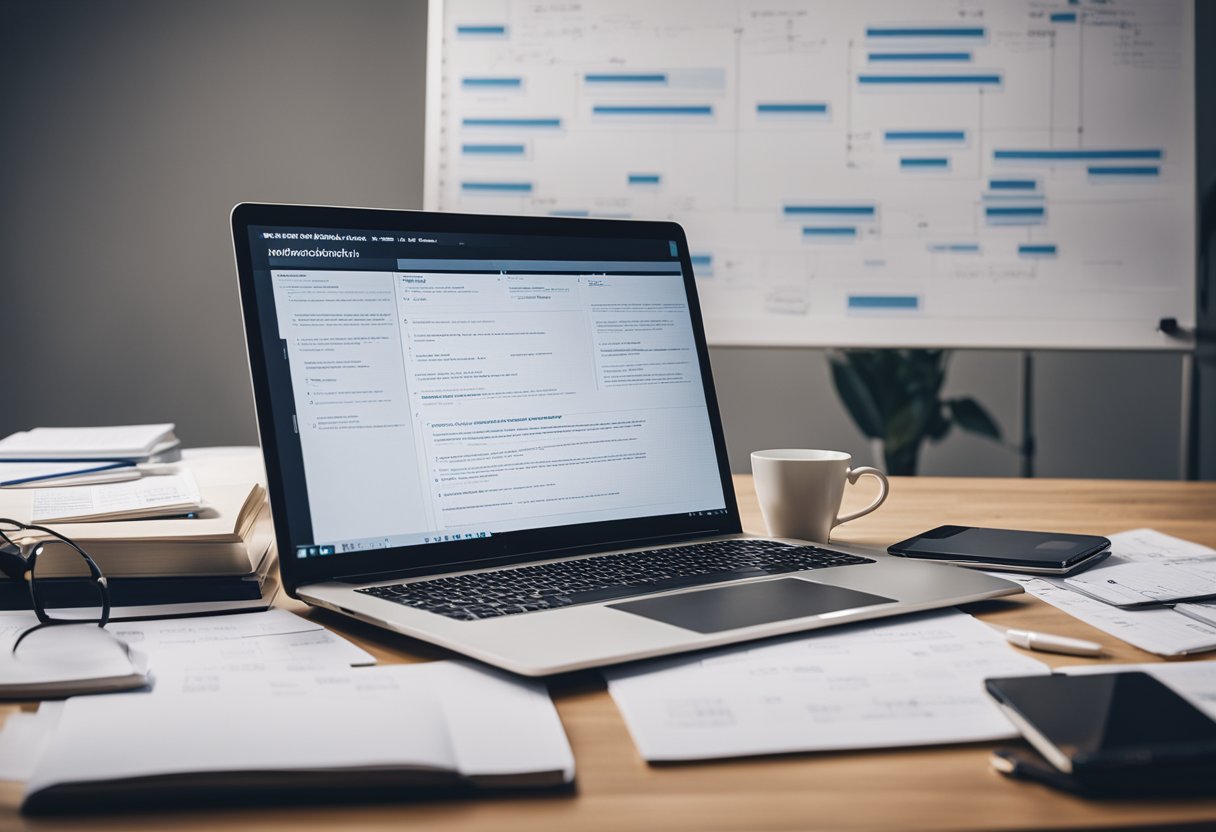 A laptop surrounded by scattered papers, with a whiteboard covered in brainstorming notes and diagrams. A cup of coffee sits nearby, next to a stack of books on digital marketing