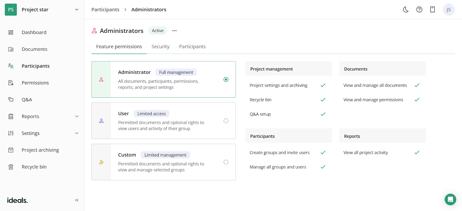 Setting role-based permissions in Ideals VDR