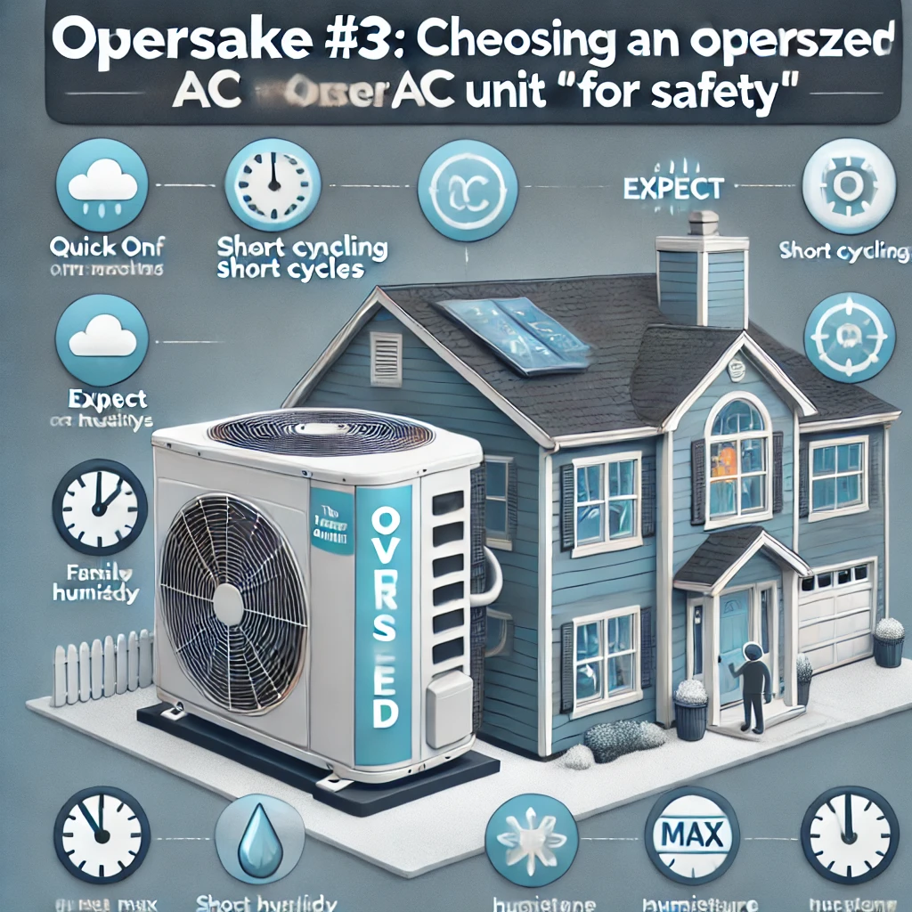 Image of a large outdoor AC unit beside a modern home with visual cues of short cycling and interior discomfort like humidity and condensation.