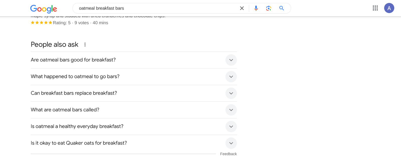 Screenshot from a Google search for the People also ask questions for the term oatmeal breakfast bars as an exampe of keyword research for a freelance article outline.