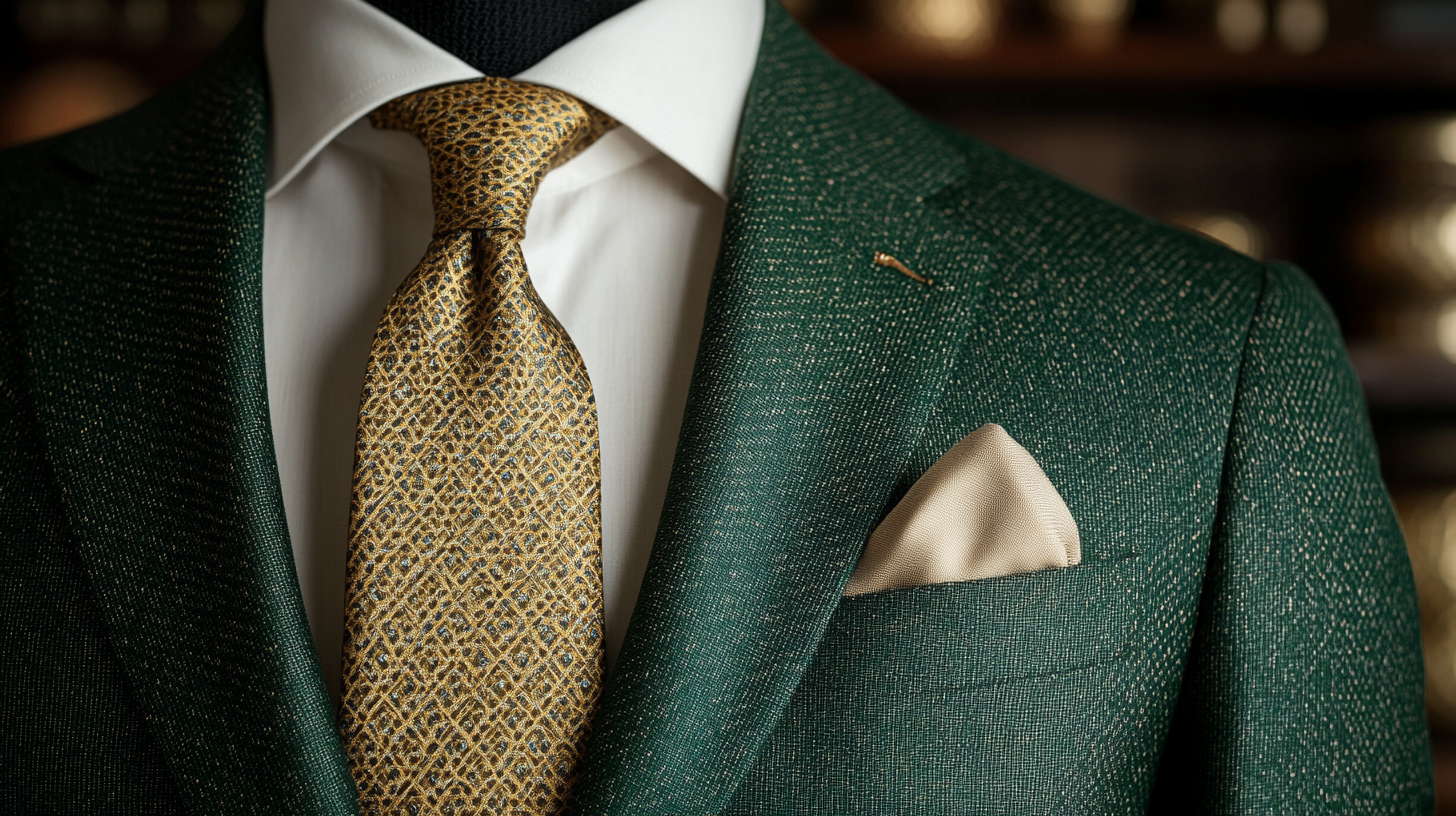 
A bold emerald green suit paired with a crisp white shirt and a beige tie. The green suit stands out with its vibrant color, while the neutral accessories, including the tie and pocket square, balance the look. The setting is elegant and formal, with soft lighting accentuating the sharpness of the suit and the subtle contrast created by the neutral tones. The background reflects a refined, upscale atmosphere.