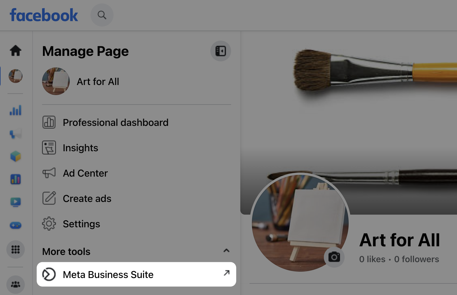 Screenshot of dashboard options, with Meta Business Suite highlighted