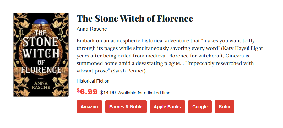 a screenshot of the stone witch of florence book a bookbub historical fiction deal