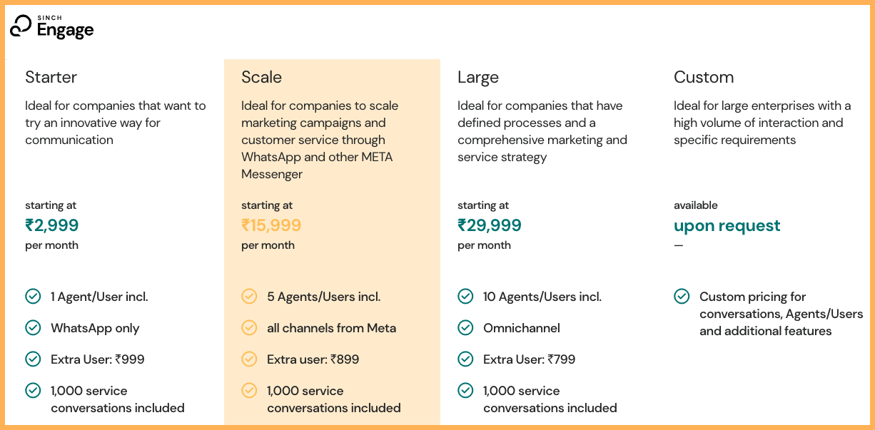 Sinch engage chatbot service provider pricing page