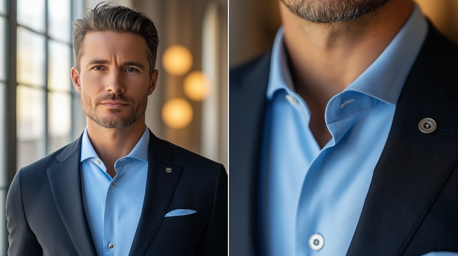 A split-screen image: On the left, a man in a black suit with a light blue shirt, giving off a professional yet relaxed vibe. The background is an office setting with natural light streaming through large windows. On the right, a close-up of the light blue shirt’s soft, breathable fabric, with neat folds, buttons, and a tucked collar under the black suit. Soft lighting, cool tones, ultra-detailed, 8K resolution.