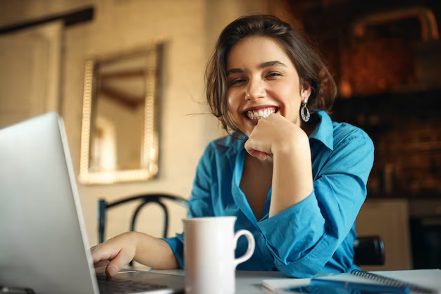 A smiling female blogger 