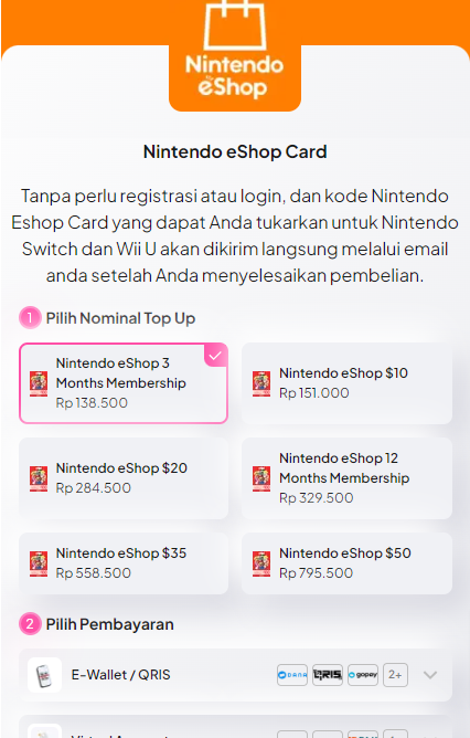 Pilih nominal top up Nintendo eShop yang diinginkan