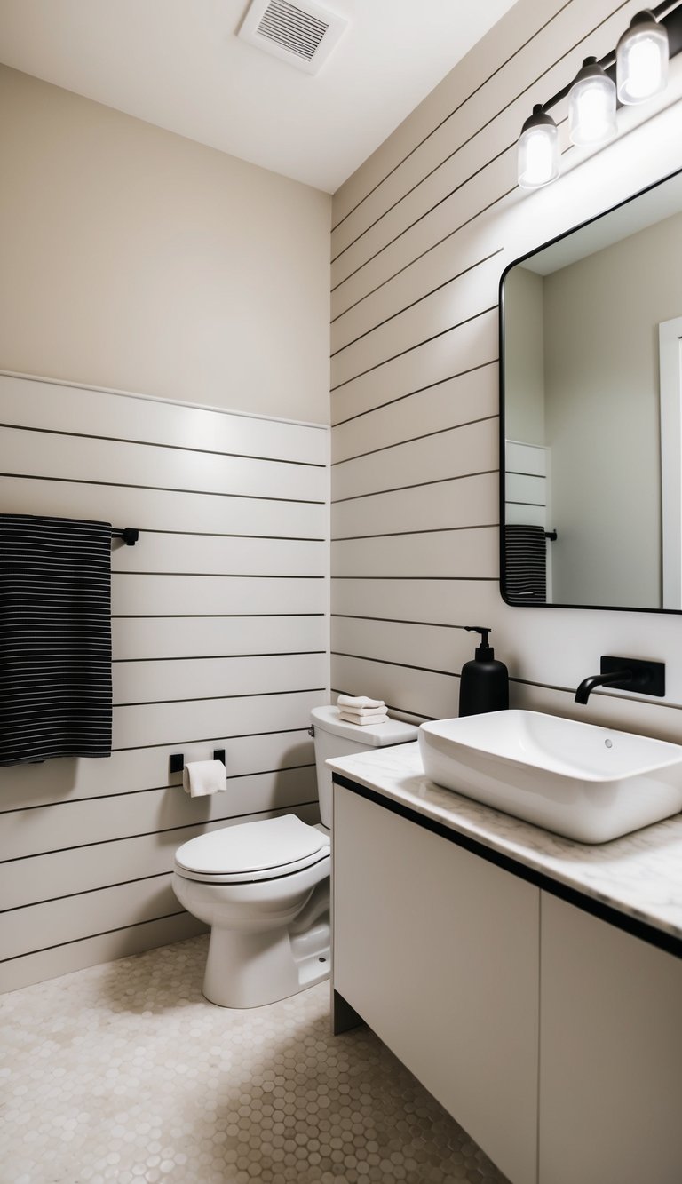 A modern bathroom with a shiplap accent wall, clean lines, and minimalist decor