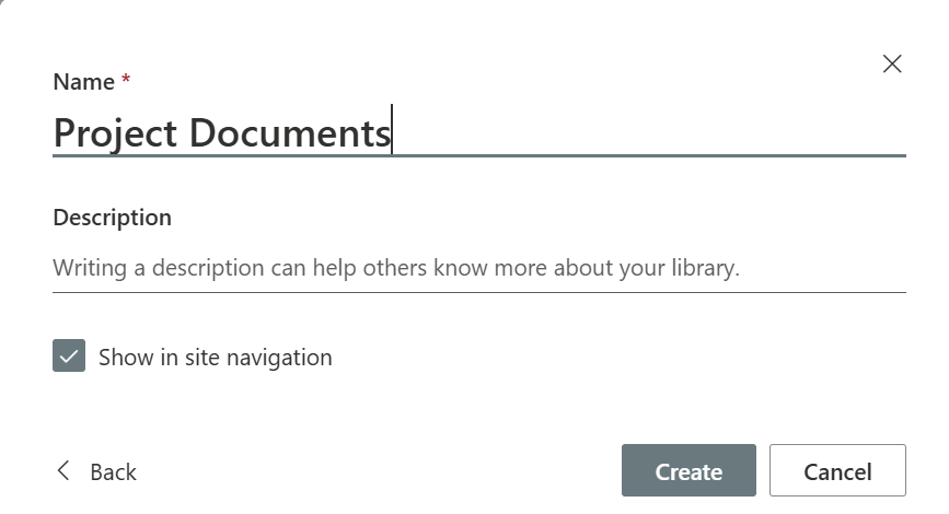 The SharePoint interface for creating a new document library, prompting users to enter a name and optional description.