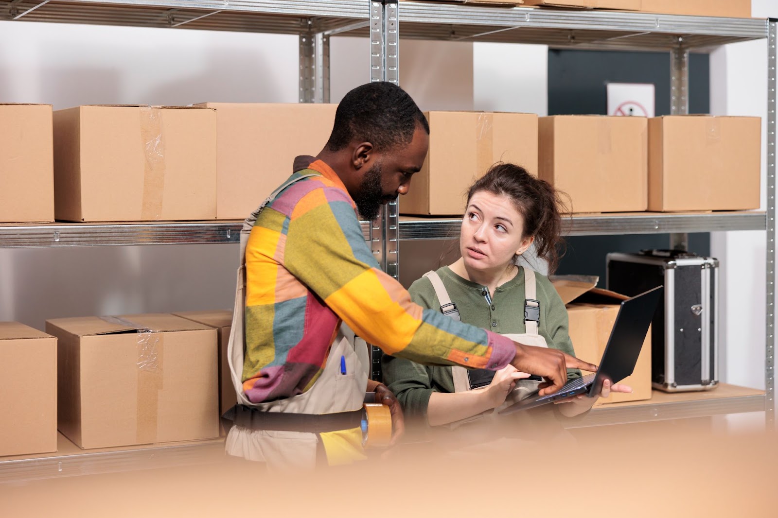 Two warehouse workers looking at a laptop together while surrounded by cardboard boxes on metal shelves.