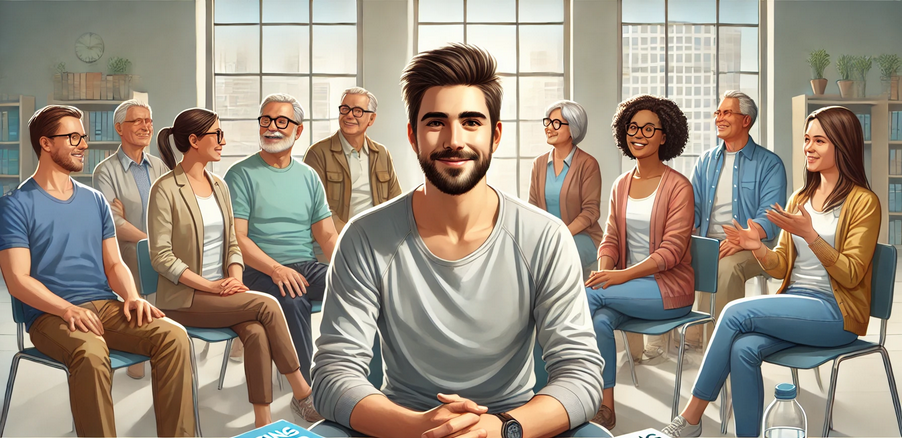 A man sitting confidently in a supportive group therapy session, surrounded by a diverse group of people.