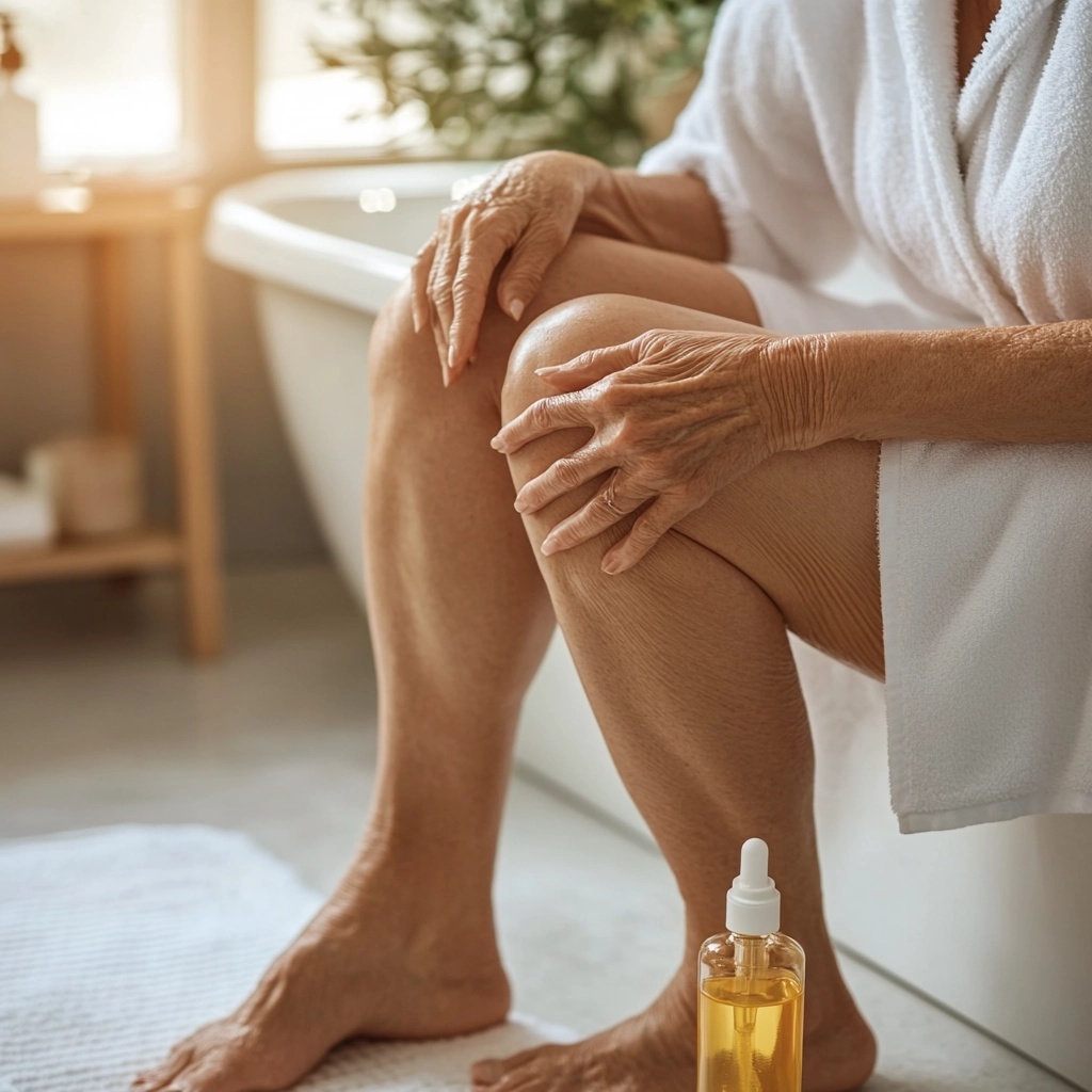 Mature womans legs in the bathroom after applying a hydrating body oil