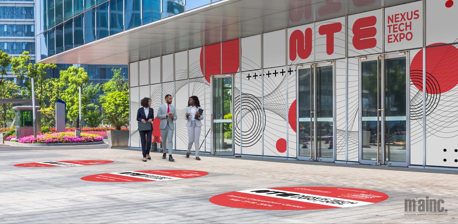 3 individuals are walking outside a convention center.  the walls and sidewalk are branded with clings for the "Nexus Tech Expo"