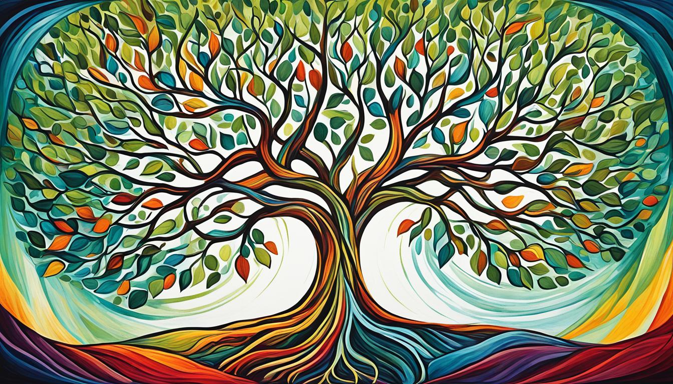 A tree with roots stretching deep into the ground, symbolizing a strong foundation, while its branches reach towards the sky, representing an aspiration towards personal development and self-improvement. Use vibrant colors and intricate details to showcase the complexity and beauty of growth.