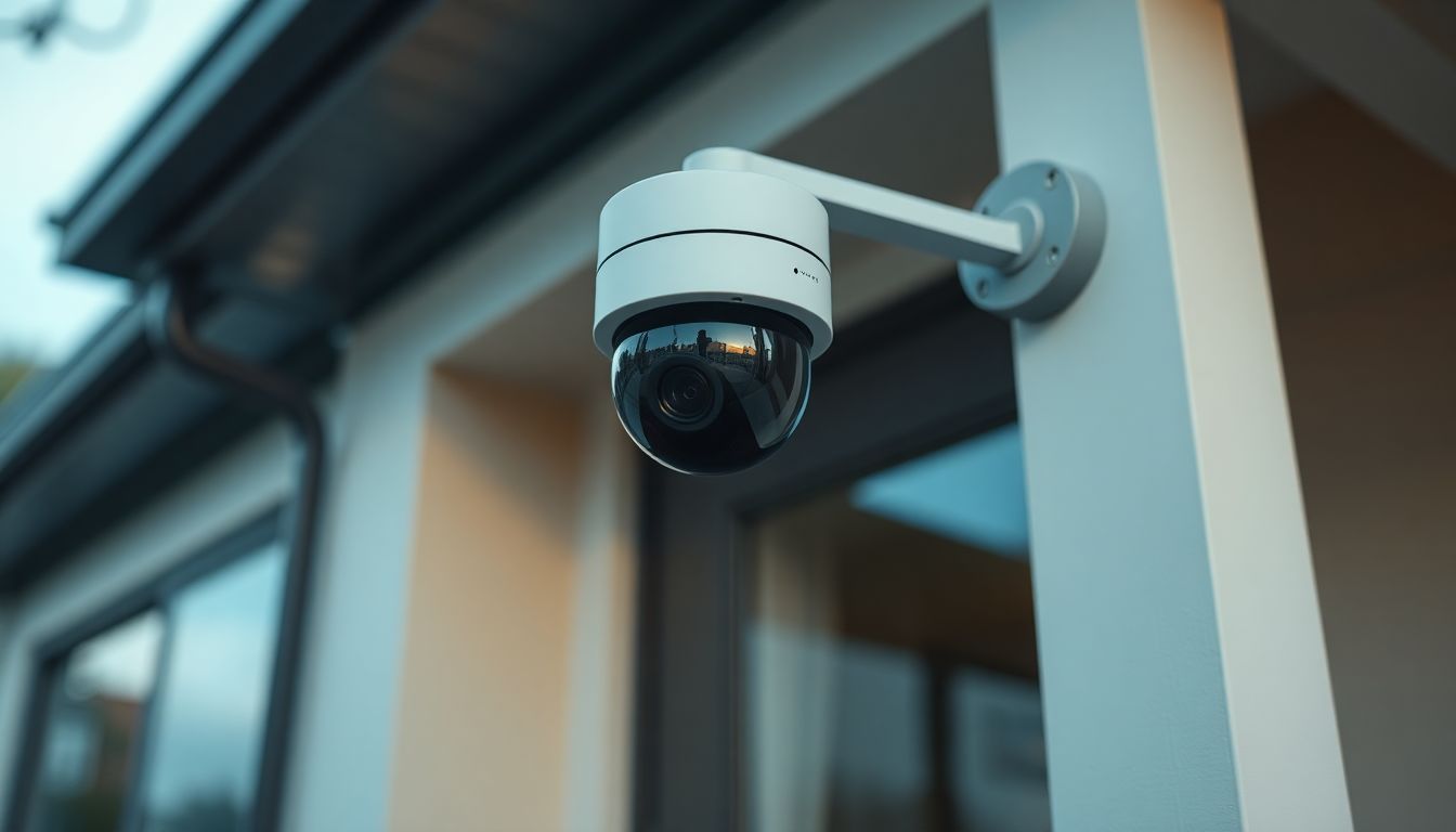 A smart security camera installed on the exterior of a modern home.