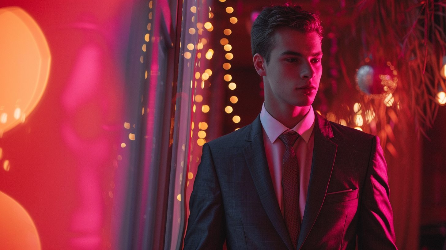 Teen guy in a tailored slim fit suit, modern cut close to the body, sharp silhouette with a tie or open collar. Contemporary prom backdrop with vibrant lighting and stylish ambiance.