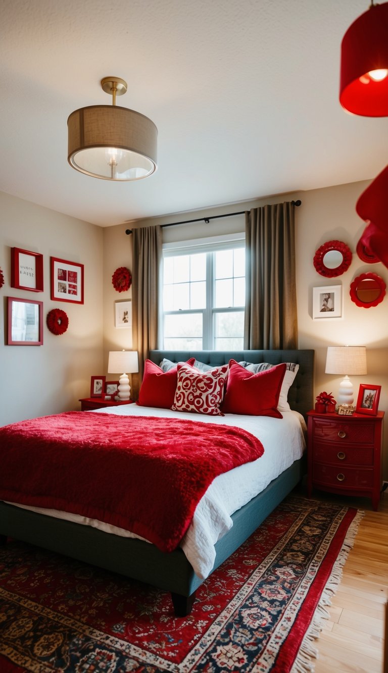 A cozy bedroom with a scarlet area rug, adorned with 25 red-themed decor items