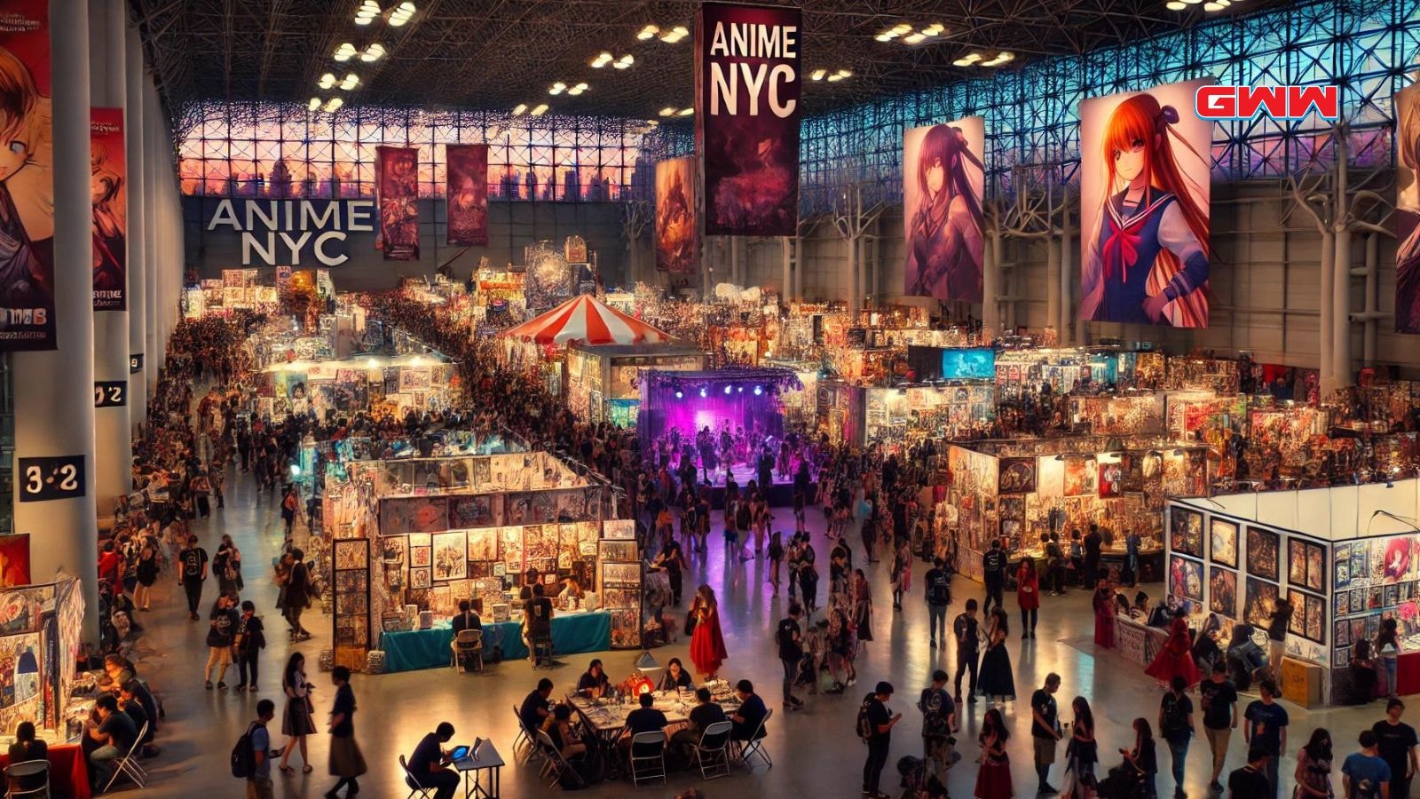 Dusk scene at Anime NYC, featuring a bustling convention atmosphere with anime elements