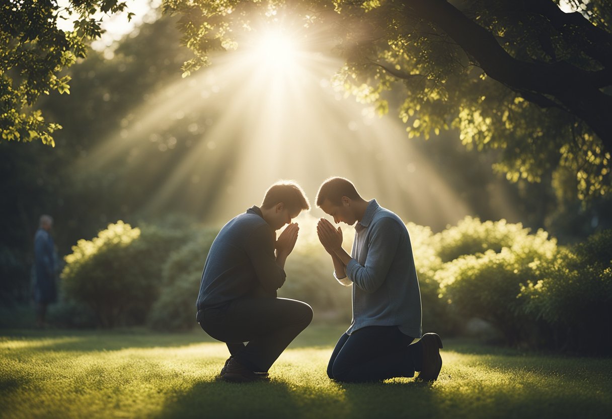 A figure kneeling in a serene garden, head bowed in prayer. Rays of light filtering through the trees, casting a peaceful glow over the scene