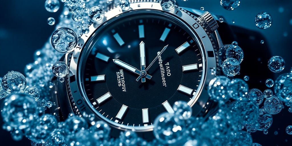 Luxury watch submerged in clear water with bubbles.