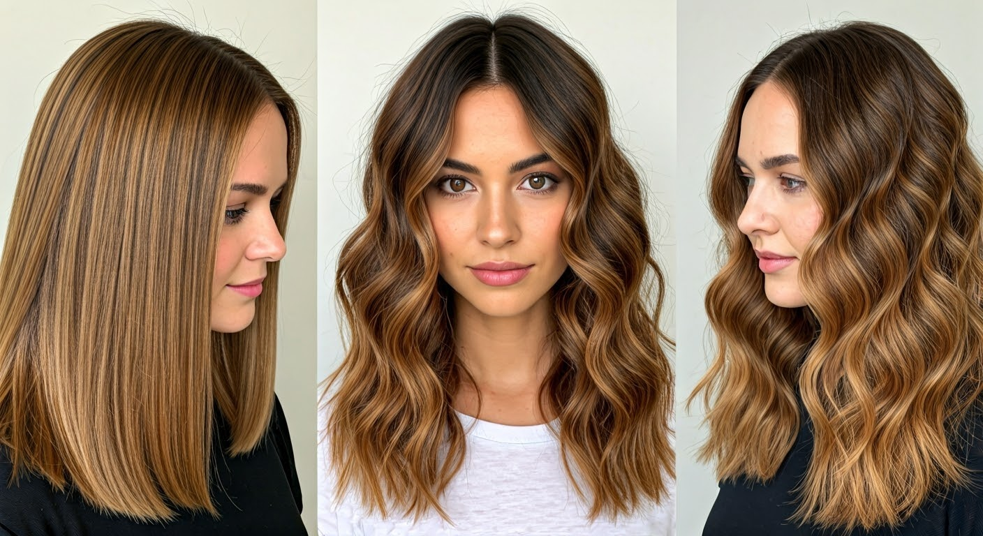 Caramel honey balayage on various hair types