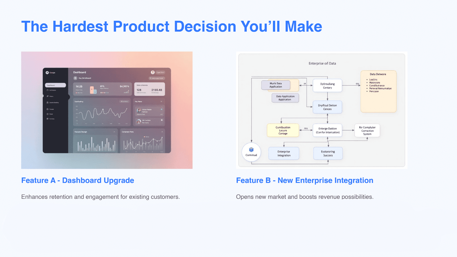 Visualizing the core product dilemma: choosing between a dashboard upgrade for retention and a new enterprise integration for market expansion.