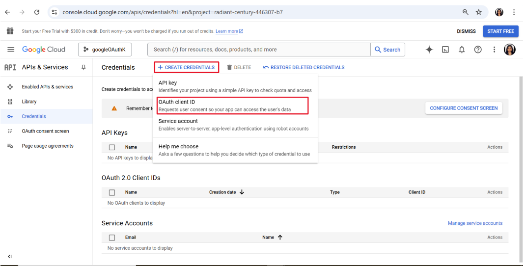 google console create credentials