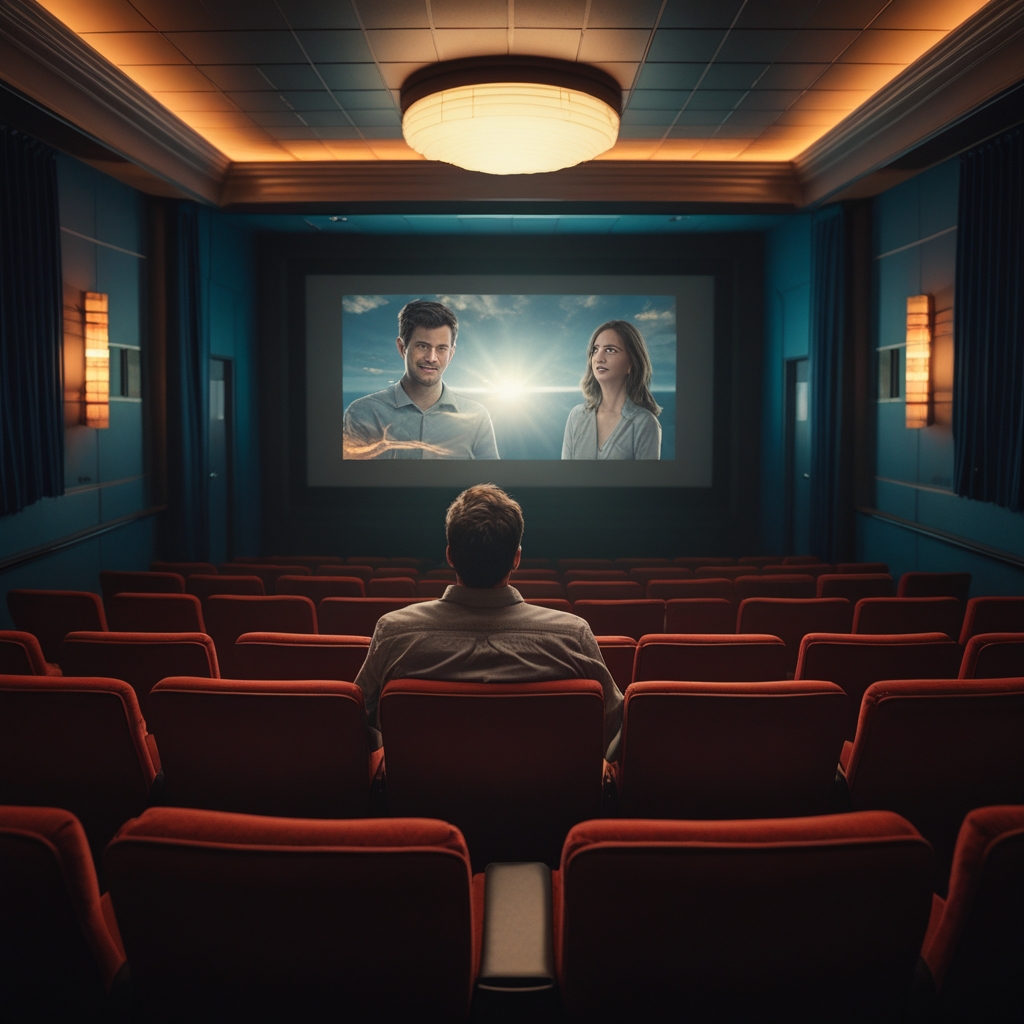 A movie theater with the man alone watching highlights of the relationship while the projector burns out