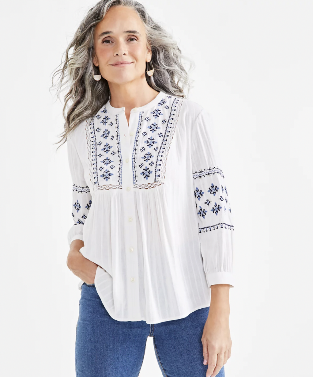 Style & Co Embroidery Peasant Top, Created for Macy's