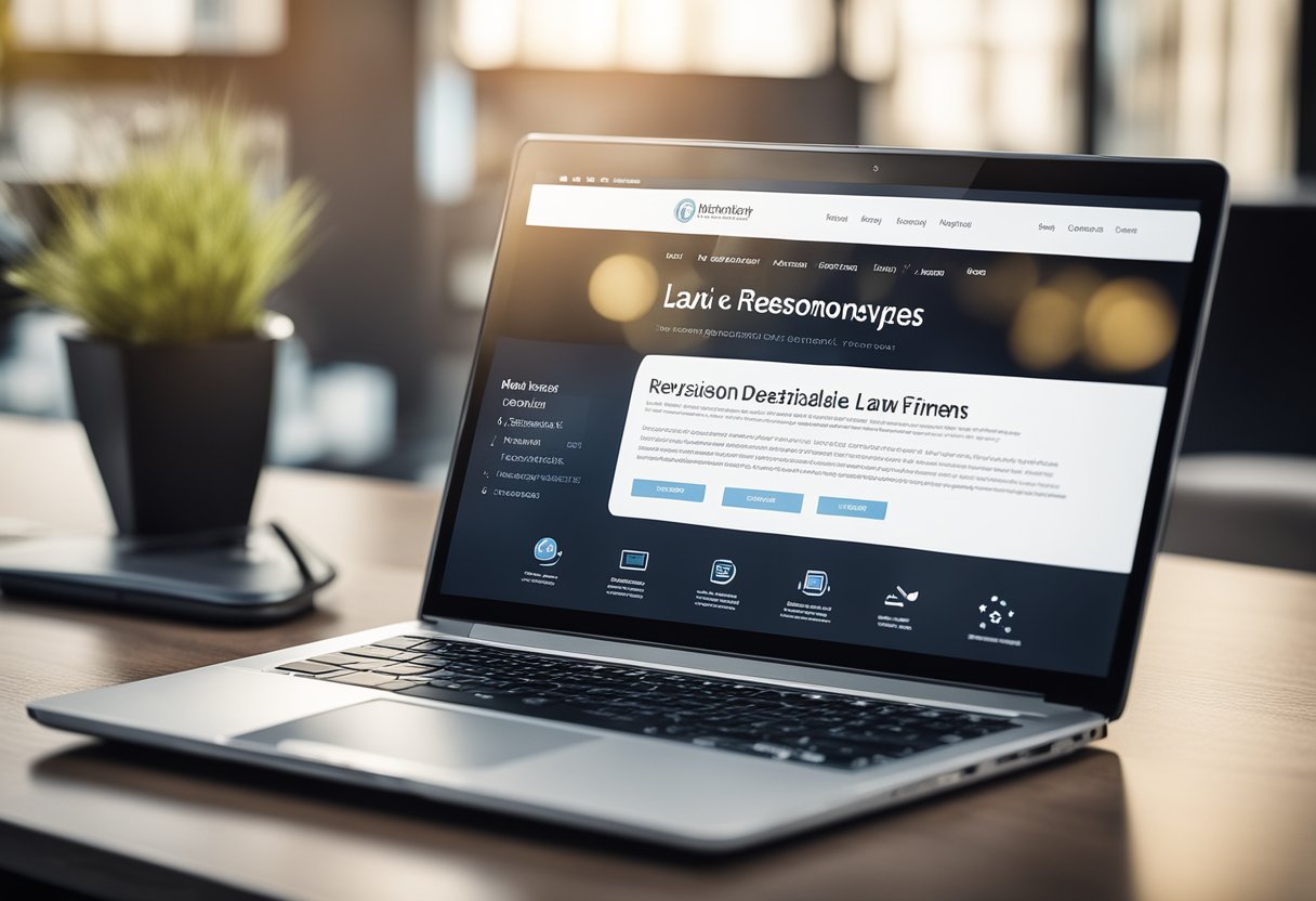 A laptop displaying a law firm's website with glowing testimonials and reviews, surrounded by SEO keywords and analytics charts