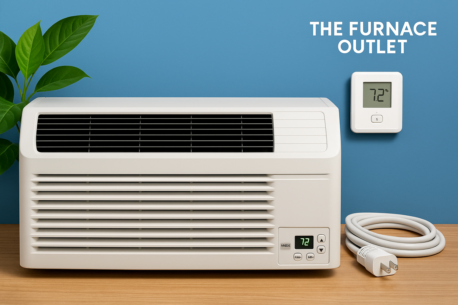 A digital photograph for The Furnace Outlet featuring a PTAC unit, smart thermostat displaying 72°F, power cord, and green plant on a wooden surface against a blue background, emphasizing energy efficiency and modern comfort.