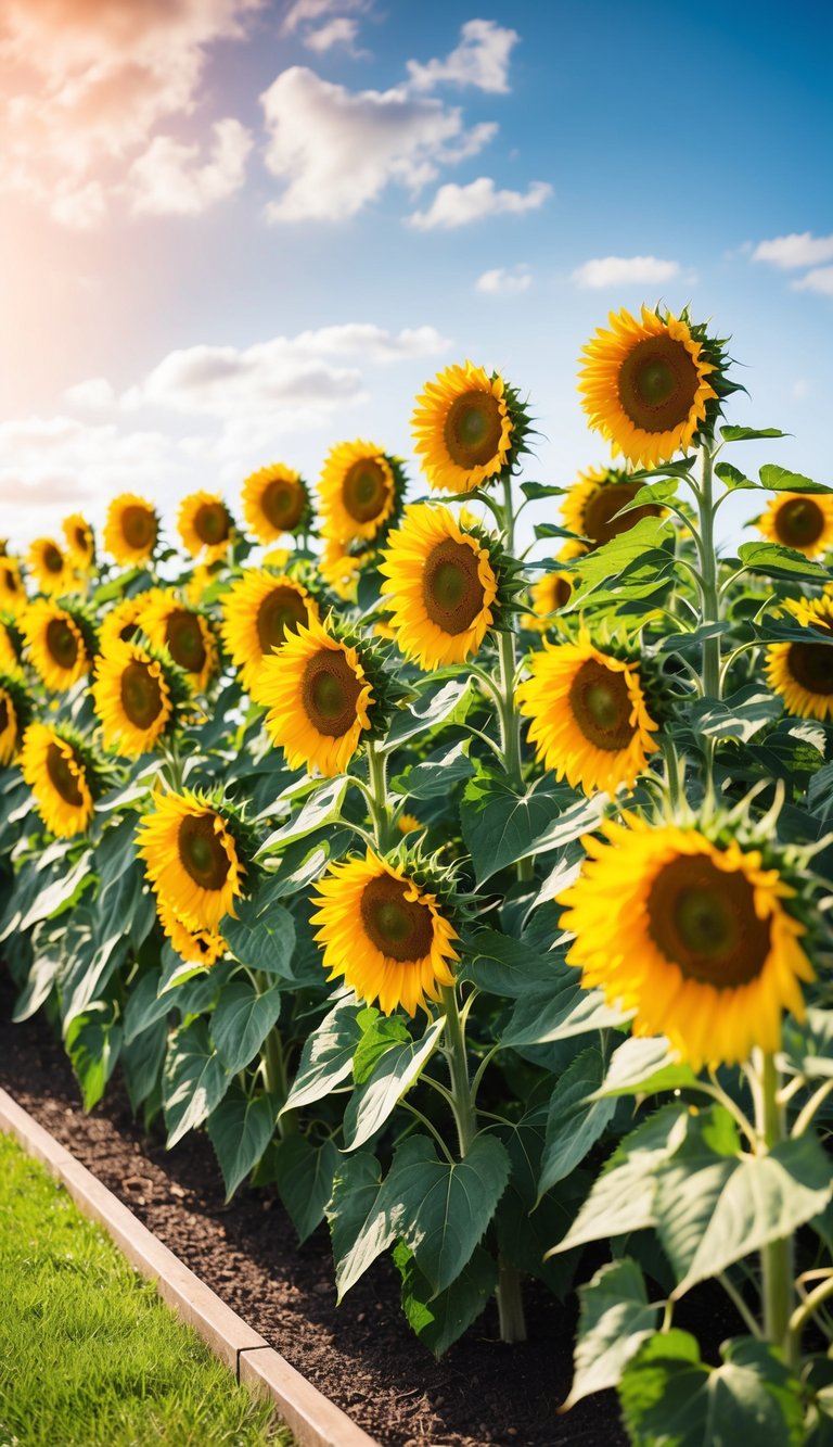 A vibrant field of towering sunflowers stretches across a corner garden, their golden petals reaching towards the sunny sky