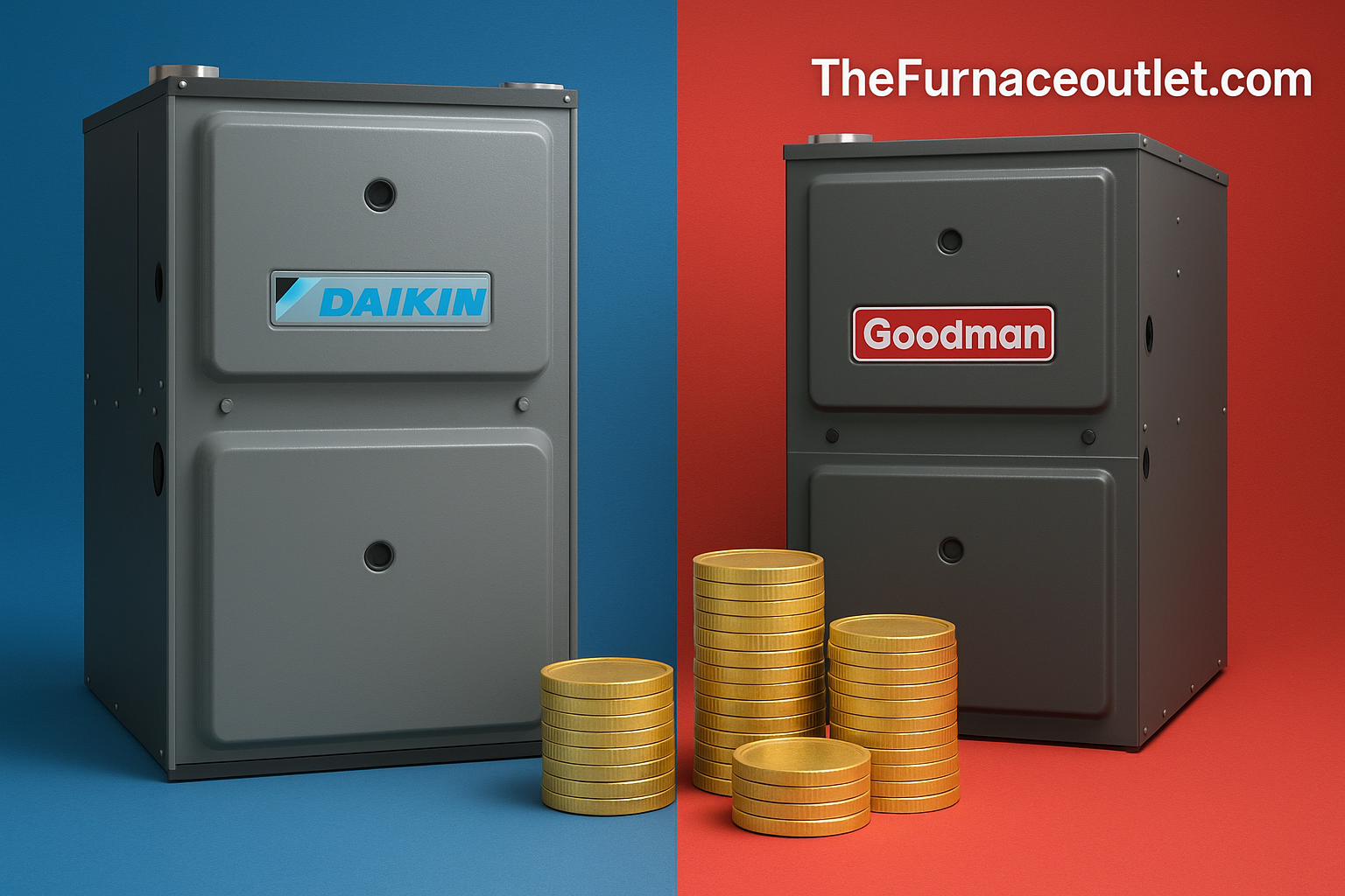 Side-by-side image of Daikin and Goodman furnaces with gold coins symbolizing warranty value, set on blue and red backgrounds with The Furnace Outlet branding