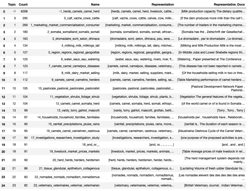 A table with 25 rows and four columns. The columns are labeled "Topic Count," "Name," "Representation," and "Representative Docs." Each row contains numerical data and text related to a specific topic, such as camels, milk, and pastoralism.