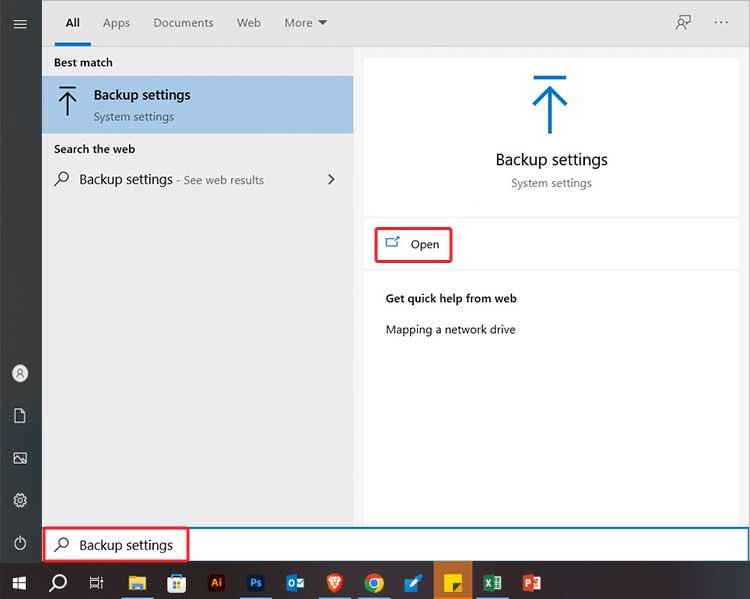 open backup settings from Windows search