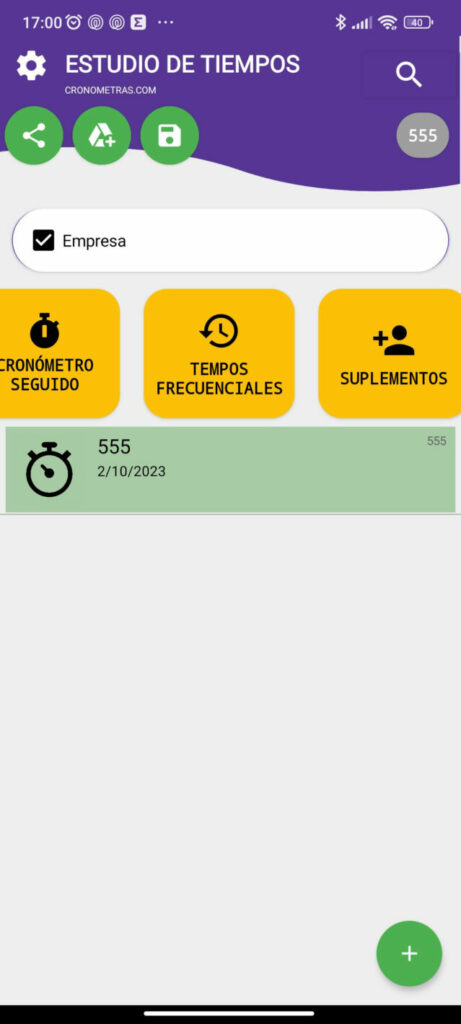 pantalla de inicio de app de estudios de tiempos de trabajo, donde aparece la opción para cronometrar elementos frefcuenciales de la norma de trabajo