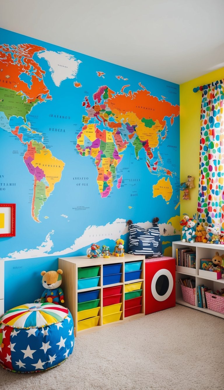 A colorful world map wallpaper covers the walls of a cheerful kids' bedroom, surrounded by playful and imaginative decor