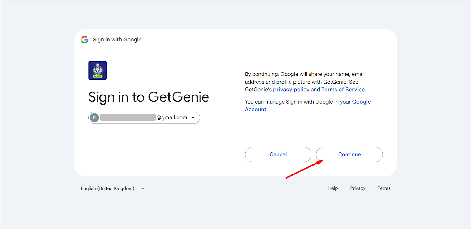 Allow Google to share your name, email address, and profile picture with GetGenie